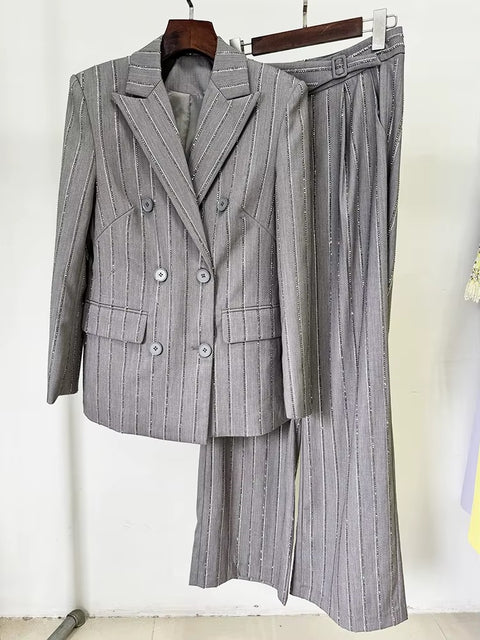 New Lapel Long Sleeve Spliced Pockets Coat High Waist Pant Chic Set CODE: KAR4044