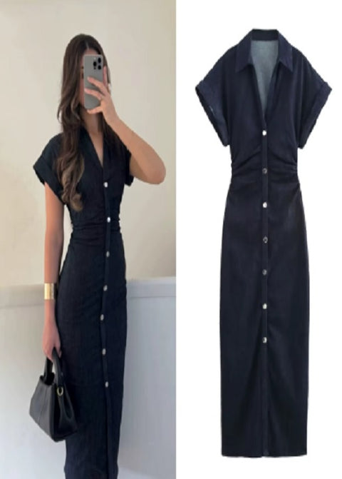 New Solid Elegant Single Breasted Folds Long Dress CODE: KAR4893