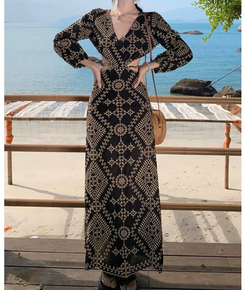 New Boho Embroidery Cut Out Long Midi Dress CODE: READY1129