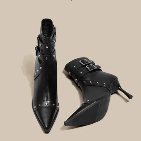 Pointed Toe Buckle Studded High Heel Ankle Boot SIZE: CODE: READY1360