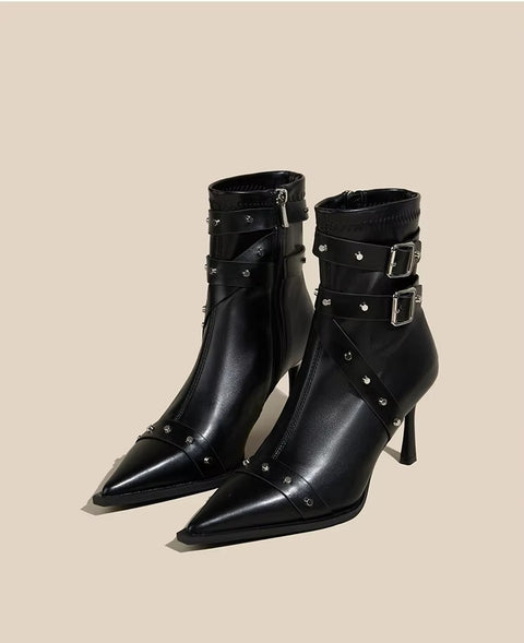 Pointed Toe Buckle Studded High Heel Ankle Boot SIZE: CODE: READY1360
