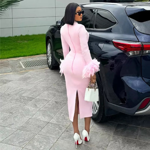 New Long Sleeve Feather Trim Split Bandage Dress CODE: READY1483