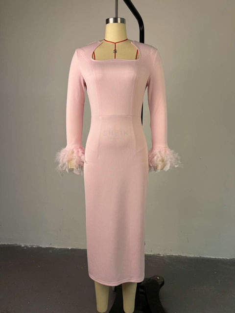 New Long Sleeve Feather Trim Split Bandage Dress CODE: READY1483