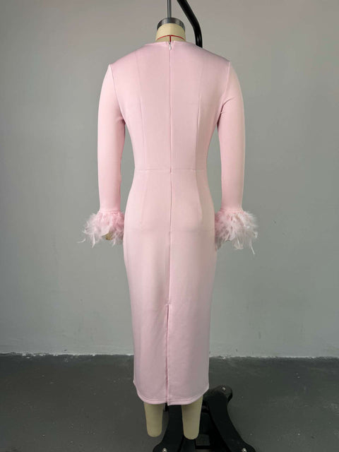 New Long Sleeve Feather Trim Split Bandage Dress CODE: READY1483