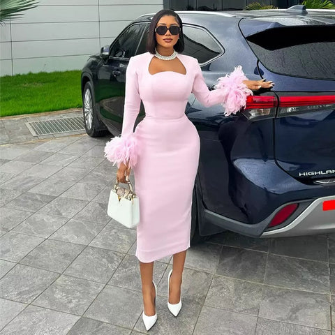New Long Sleeve Feather Trim Split Bandage Dress CODE: READY1483