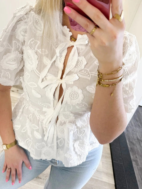 Puff Sleeves Round Neckline Tie Front Ruffle Shirt Top CODE: READY1631