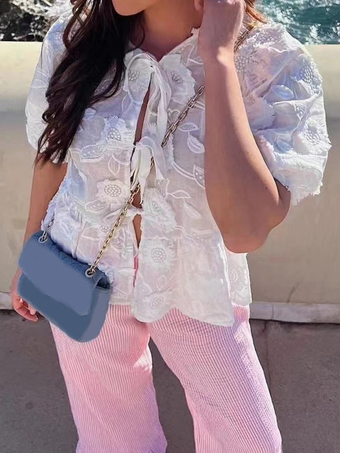 Puff Sleeves Round Neckline Tie Front Ruffle Shirt Top CODE: READY1631