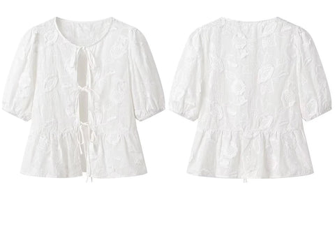 Puff Sleeves Round Neckline Tie Front Ruffle Shirt Top CODE: READY1631