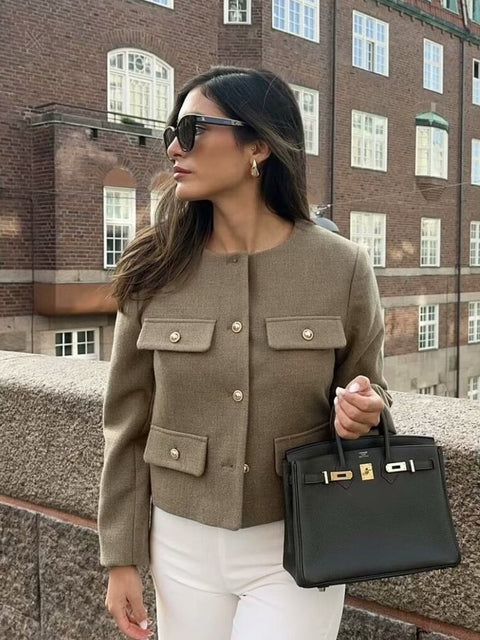 Fashion O Neck Short Coat With Pocket Single Breasted Jacket Outwear CODE: READY1725