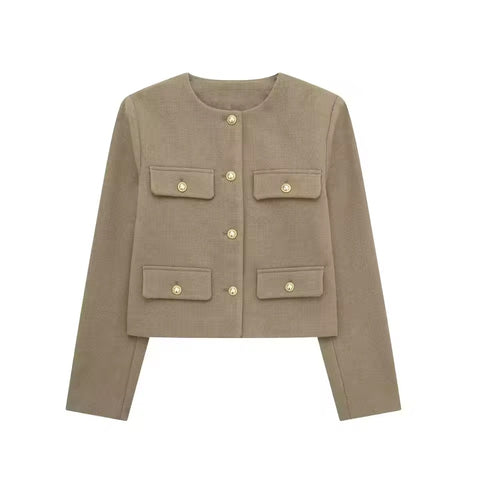 Fashion O Neck Short Coat With Pocket Single Breasted Jacket Outwear CODE: READY1725