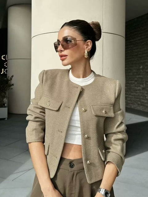 Fashion O Neck Short Coat With Pocket Single Breasted Jacket Outwear CODE: READY1725