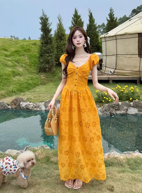New Fashion Design Embroidery Elegant V Neck Short Sleeve Long Dress CODE: READY1828