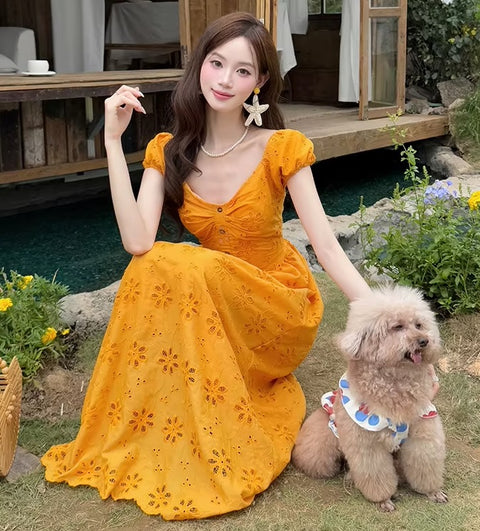 New Fashion Design Embroidery Elegant V Neck Short Sleeve Long Dress CODE: READY1828