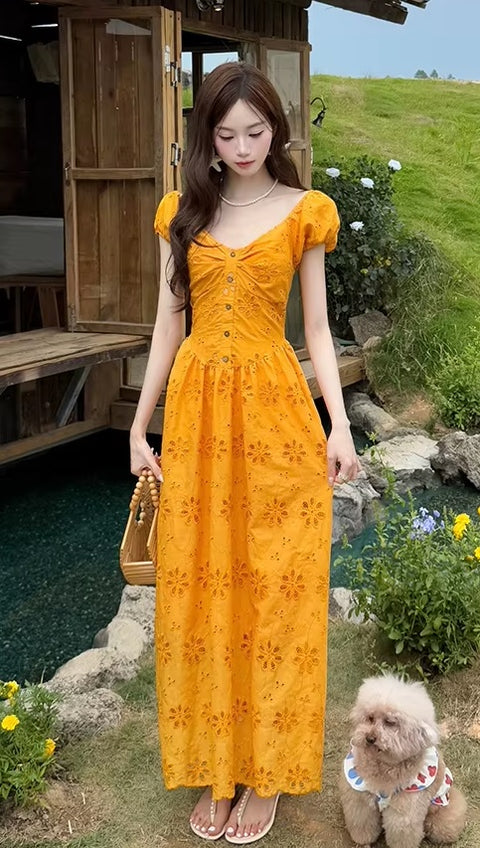 New Fashion Design Embroidery Elegant V Neck Short Sleeve Long Dress CODE: READY1828