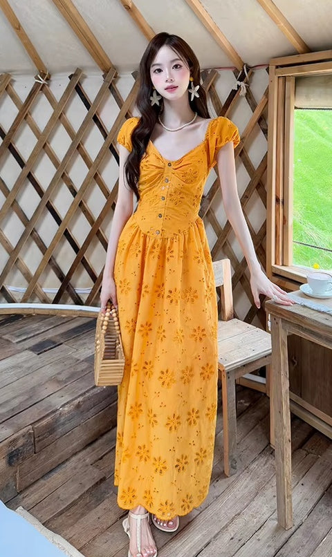 New Fashion Design Embroidery Elegant V Neck Short Sleeve Long Dress CODE: READY1828