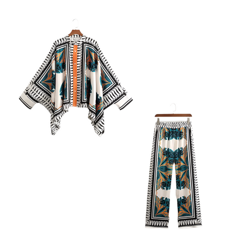 Print Batwing Sleeve Shirt With Loose Wide Leg Pant CODE: READY936