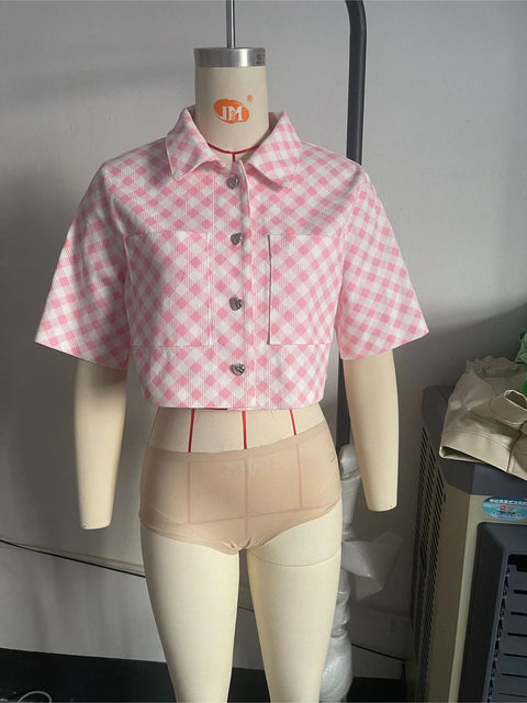 Cute Lady Summer Plaid heart button jacket top CODE: READY990