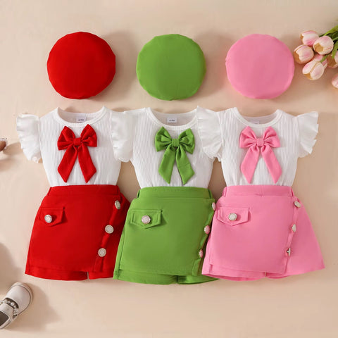 Summer Baby Girls Big Bow Sleeveless Top Shorts Beret Cute Infant 3Pcs Outfit CODE: RSH020