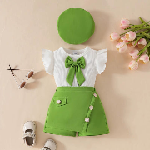 Summer Baby Girls Big Bow Sleeveless Top Shorts Beret Cute Infant 3Pcs Outfit CODE: RSH020