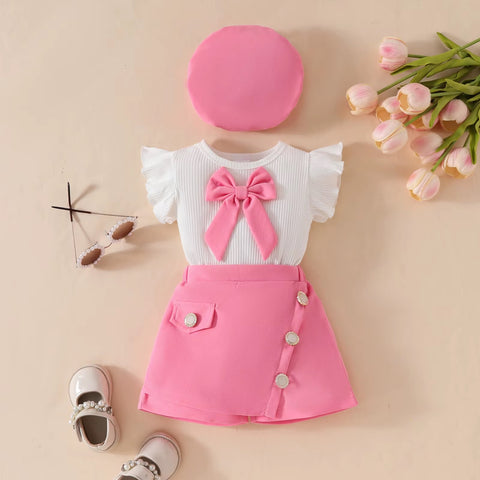 Summer Baby Girls Big Bow Sleeveless Top Shorts Beret Cute Infant 3Pcs Outfit CODE: RSH020