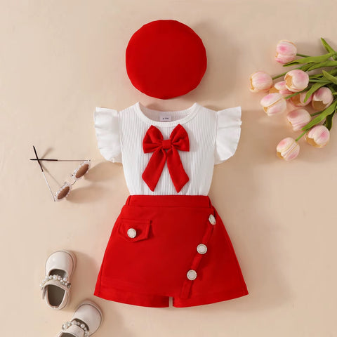 Summer Baby Girls Big Bow Sleeveless Top Shorts Beret Cute Infant 3Pcs Outfit CODE: RSH020