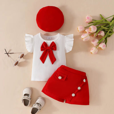 Summer Baby Girls Big Bow Sleeveless Top Shorts Beret Cute Infant 3Pcs Outfit CODE: RSH020