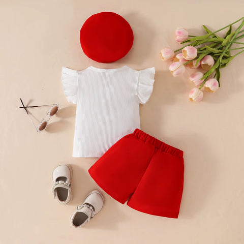 Summer Baby Girls Big Bow Sleeveless Top Shorts Beret Cute Infant 3Pcs Outfit CODE: RSH020