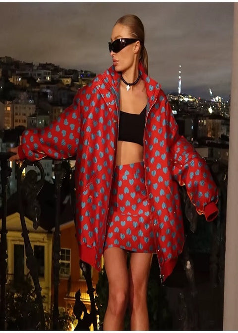 New Fashion Stand Collar Love Print Thick Zipper Pocket Jacket Mini Skirt 2 Piece Set CODE: KAR3576
