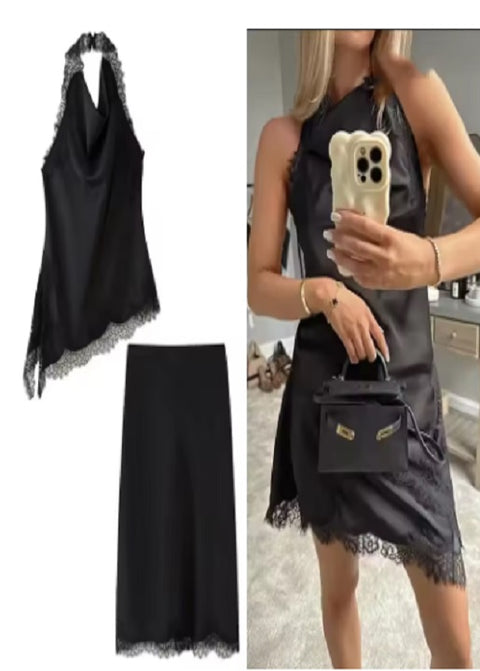 New  Fashion Halter Neck Lace Sleeveless Backless Top+Midi Set CODE: KAR5011