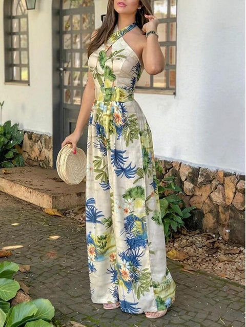 V-Neck Sleeveless Crisscross Halter Tropical Print Jumpsuits  CODE: KAR1005
