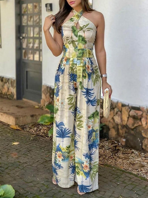 V-Neck Sleeveless Crisscross Halter Tropical Print Jumpsuits  CODE: KAR1005