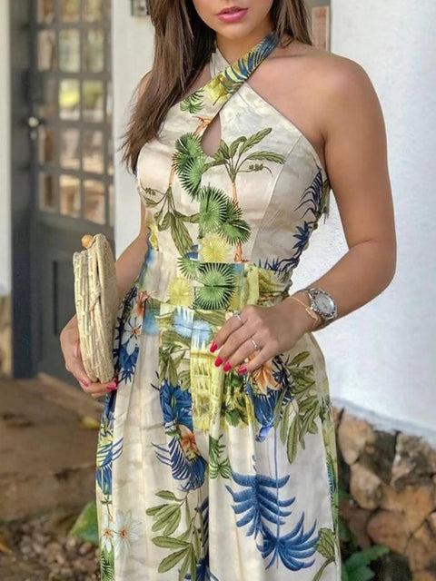 V-Neck Sleeveless Crisscross Halter Tropical Print Jumpsuits  CODE: KAR1005