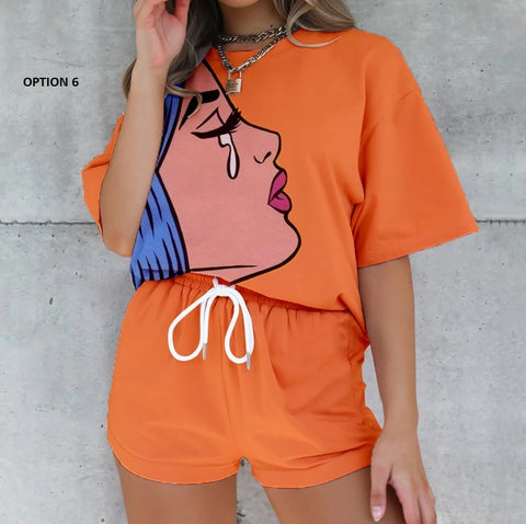 Tracksuits Summer Short Sleeve Shirt Tops + Chic Print Drawstring Sweatpants Shorts Streetwear Outfit CODE: KAR1023