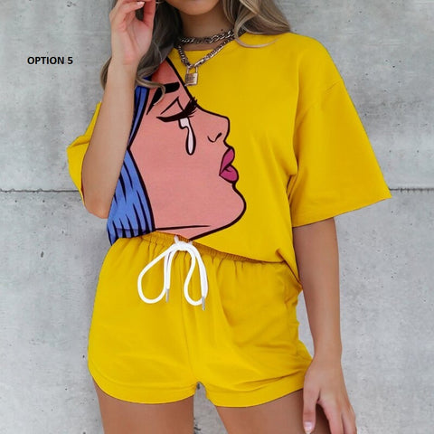 Tracksuits Summer Short Sleeve Shirt Tops + Chic Print Drawstring Sweatpants Shorts Streetwear Outfit CODE: KAR1023