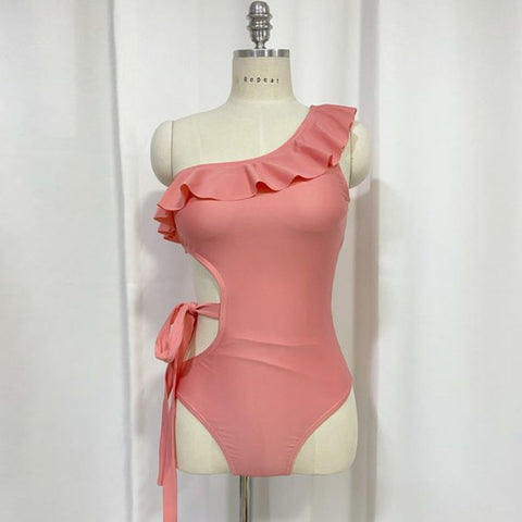 New Swimsuit Solid Color Single Shoulder Hollow Waist Lace-up Bow Swimwear CODE: KAR1026