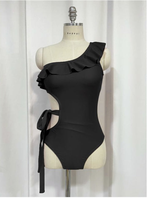 New Swimsuit Solid Color Single Shoulder Hollow Waist Lace-up Bow Swimwear CODE: KAR1026