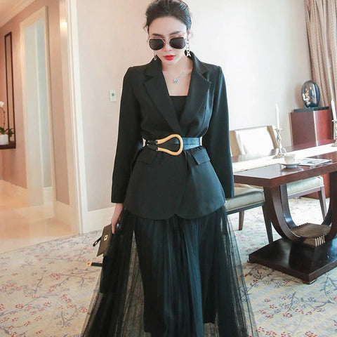 New Collar Jacket + Mesh Long Skirt Office Lady Two-Piece Set CODE: KAR1131