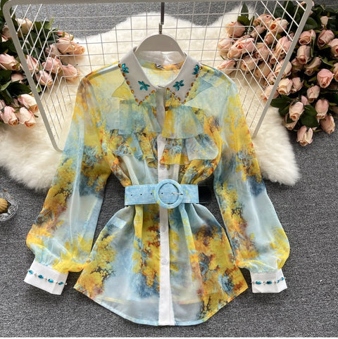 Chiffon Shirt+Printed Versatile High-Waist Wide-leg pants Fashionable Two-piece suit CODE: KAR1040