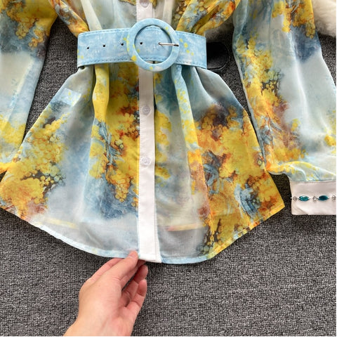 Chiffon Shirt+Printed Versatile High-Waist Wide-leg pants Fashionable Two-piece suit CODE: KAR1040