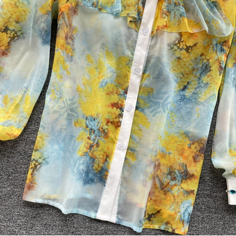 Chiffon Shirt+Printed Versatile High-Waist Wide-leg pants Fashionable Two-piece suit CODE: KAR1040