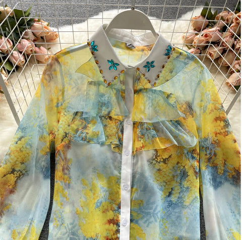 Chiffon Shirt+Printed Versatile High-Waist Wide-leg pants Fashionable Two-piece suit CODE: KAR1040