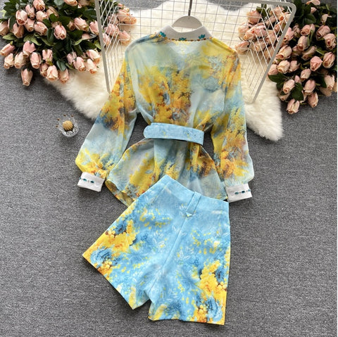 Chiffon Shirt+Printed Versatile High-Waist Wide-leg pants Fashionable Two-piece suit CODE: KAR1040
