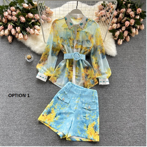 Chiffon Shirt+Printed Versatile High-Waist Wide-leg pants Fashionable Two-piece suit CODE: KAR1040