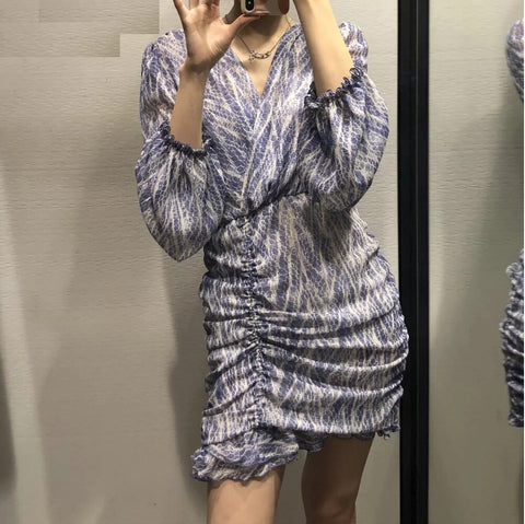 Chic Fashion Animal Print Asymmetric Draped Mini Dress Vintage Long Sleeve Ruffled  Dress CODE: KAR1043