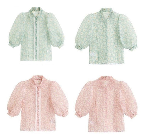 Floral Printed Mesh Blouse Shirts 3/4 Puff Sleeve Turn Down Collar Tops CODE: KAR1049