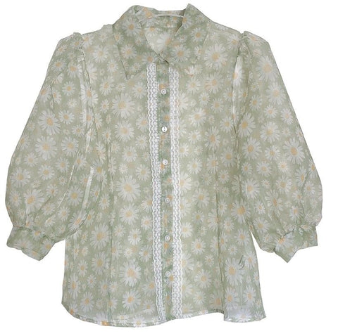 Floral Printed Mesh Blouse Shirts 3/4 Puff Sleeve Turn Down Collar Tops CODE: KAR1049