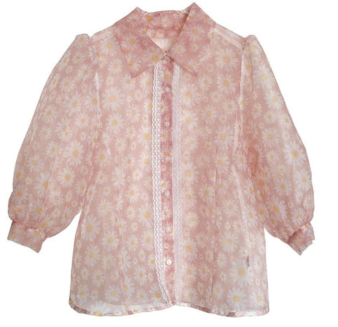 Floral Printed Mesh Blouse Shirts 3/4 Puff Sleeve Turn Down Collar Tops CODE: KAR1049