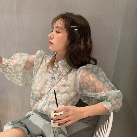 Floral Printed Mesh Blouse Shirts 3/4 Puff Sleeve Turn Down Collar Tops CODE: KAR1049