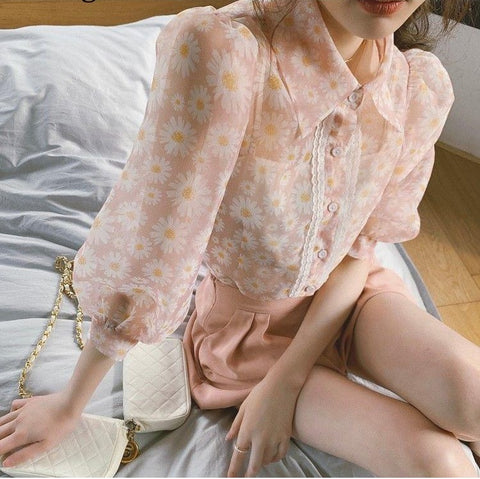 Floral Printed Mesh Blouse Shirts 3/4 Puff Sleeve Turn Down Collar Tops CODE: KAR1049
