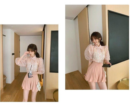 Floral Printed Mesh Blouse Shirts 3/4 Puff Sleeve Turn Down Collar Tops CODE: KAR1049